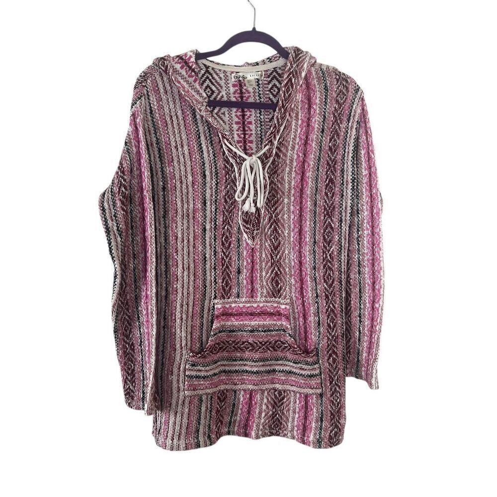 Kaisely boho pink chunky Baja mexican striped beach Baja rug hoodie Large